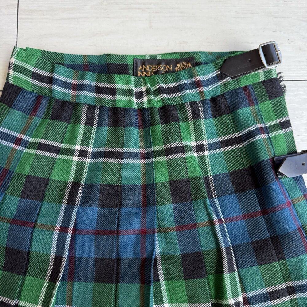VTG Anderson Innes Scotland Wool Tartan Kilt Youth Green Plaid Adjustable Waist - Picture 2 of 10